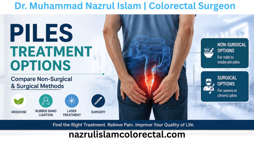 Piles treatment options including medicine, rubber band ligation, laser treatment, and surgery for hemorrhoids