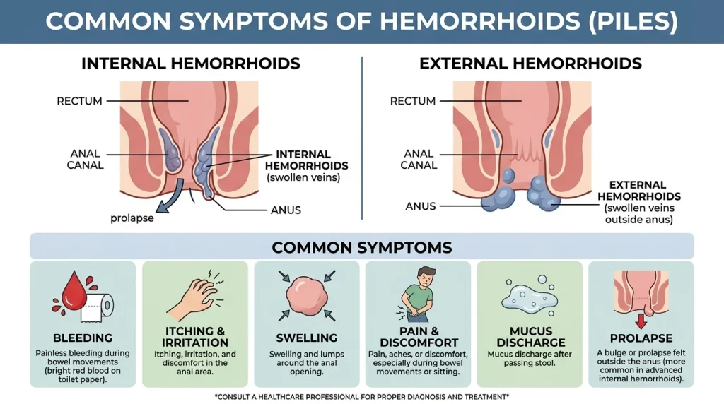 common piles symptoms: bright red blood on toilet paper or stool itching around the anus pain during or after bowel movement burning feeling swelling near the anus