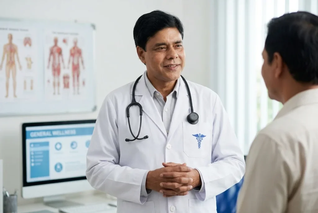 A doctor calmly explaining piles to an adult patient in a bright clinic in Bangladesh