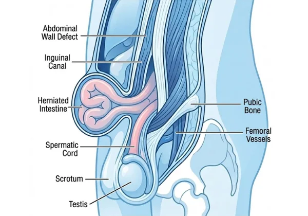 Diagram showing a hernia — organ pushing through a weak spot in the abdominal wall