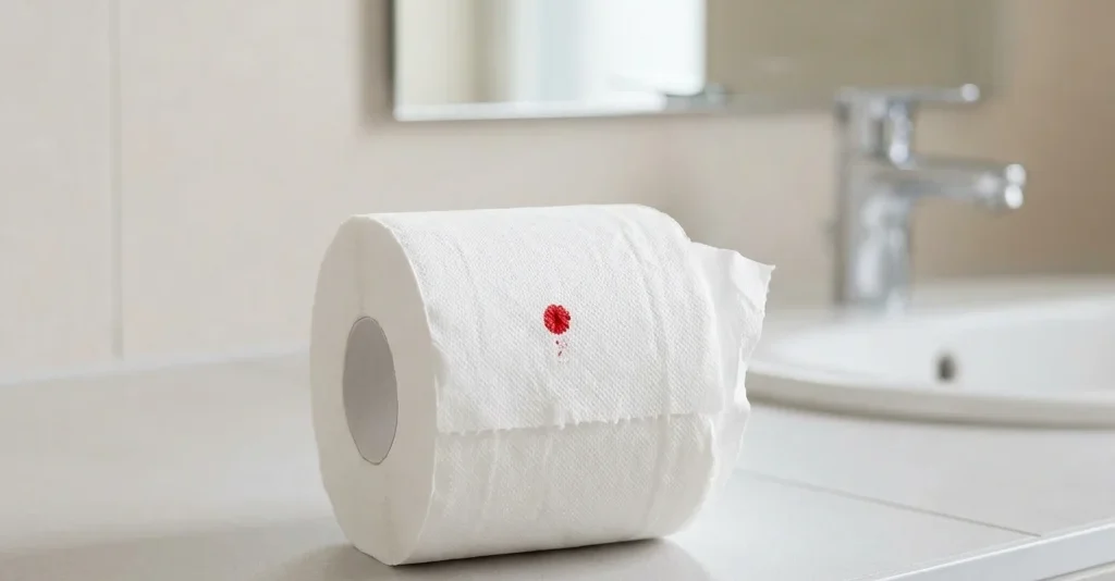 Toilet paper showing a small mark of bright red blood after a bowel movement, a common sign of piles