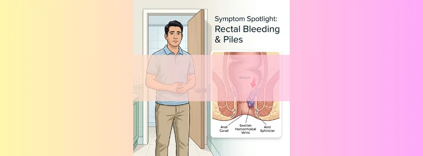 Patient-friendly medical illustration showing a person concerned about rectal bleeding during stool with a simple diagram of piles