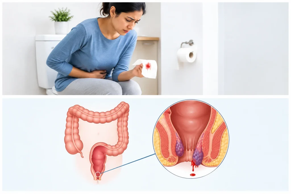 Person experiencing painful bleeding during stool that may be related to piles