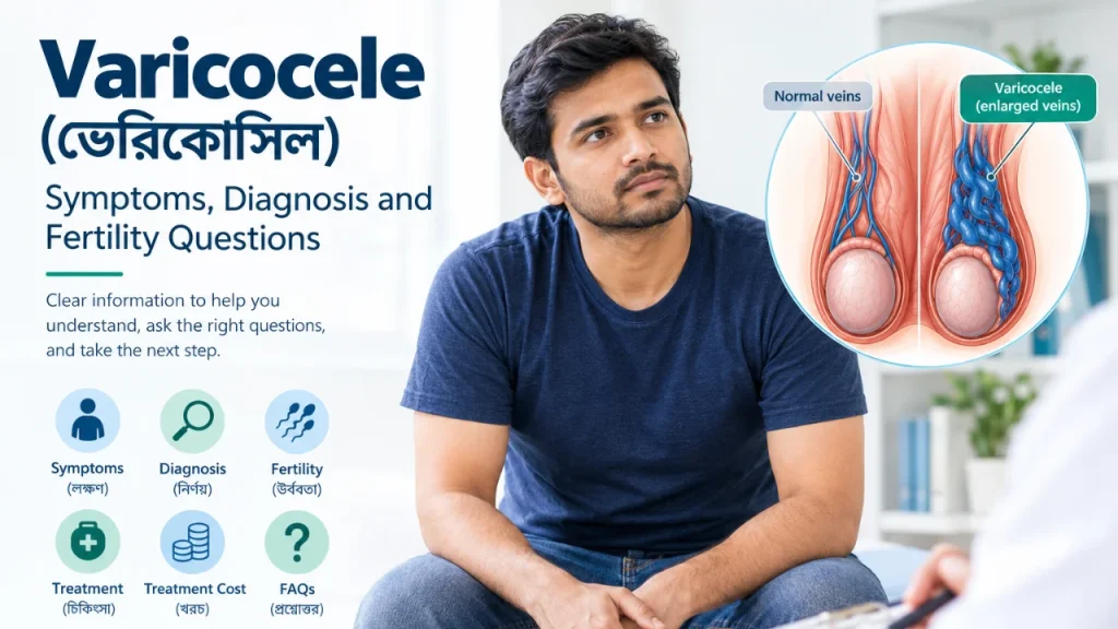 Medical illustration comparing normal veins with enlarged veins in varicocele