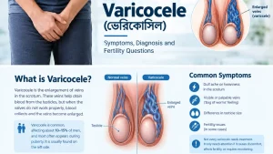 Medical illustration showing varicocele in the scrotum with enlarged veins
