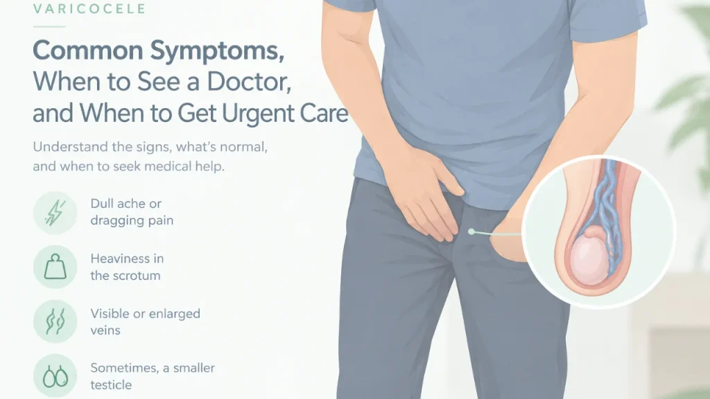Common varicocele symptoms including dull scrotal pain, heaviness, enlarged veins, and possible testicle size difference