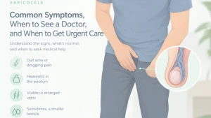 Common varicocele symptoms including dull scrotal pain, heaviness, enlarged veins, and possible testicle size difference